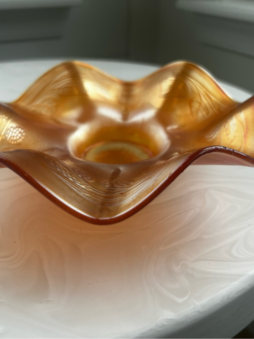Fenton Marigold Orange Ruffled Carnival Glass  Iridescent Bowl/Dish